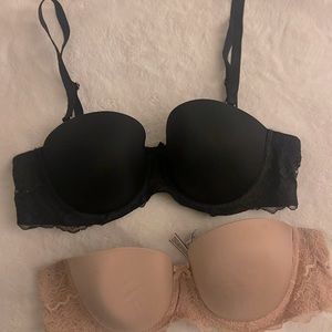 36C Set Lot of 2 Strapless Bras Nude Victorias Secret Bow Detactable Straps
